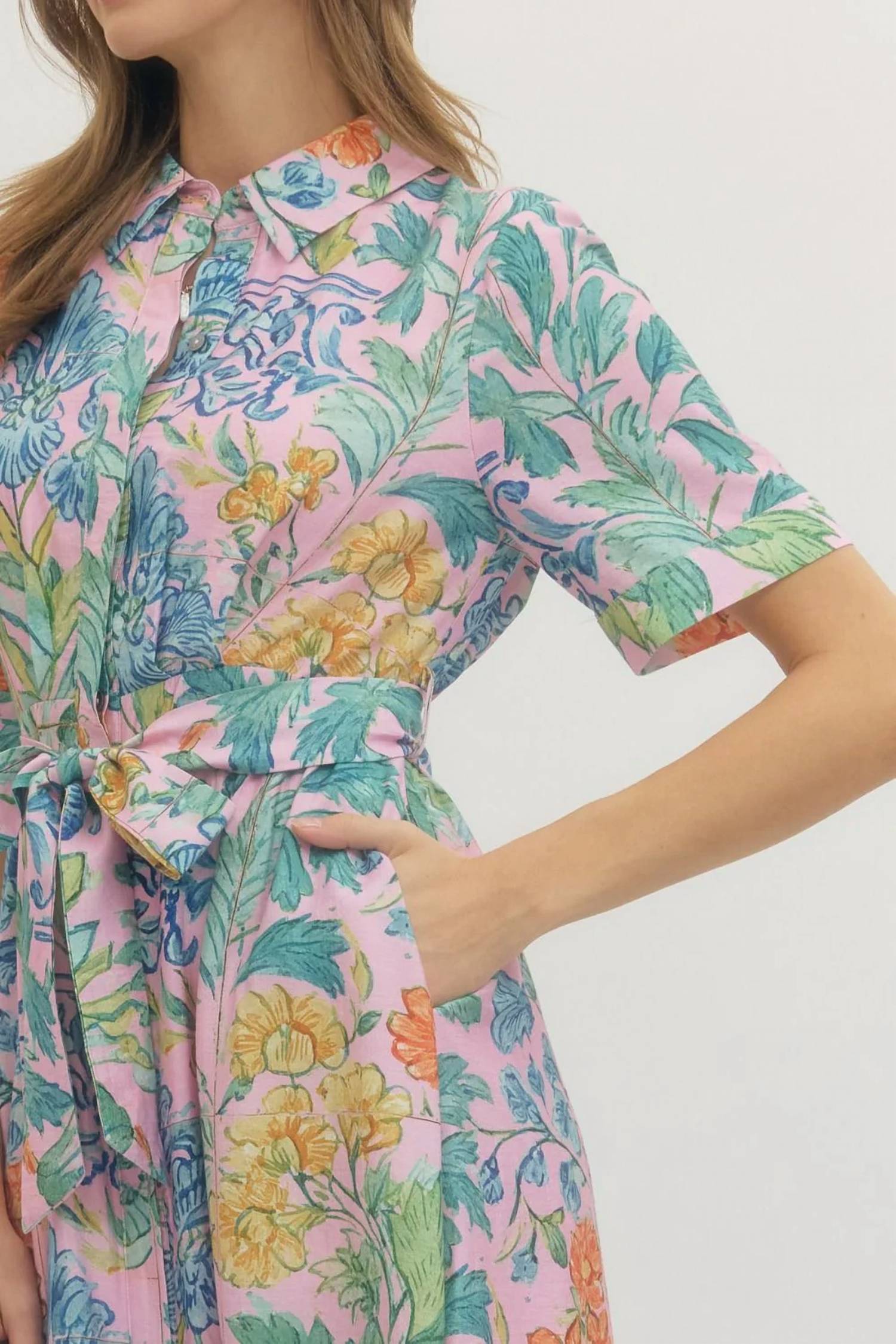 Entro - Puff Sleeve Midi Dress With Tie Waist