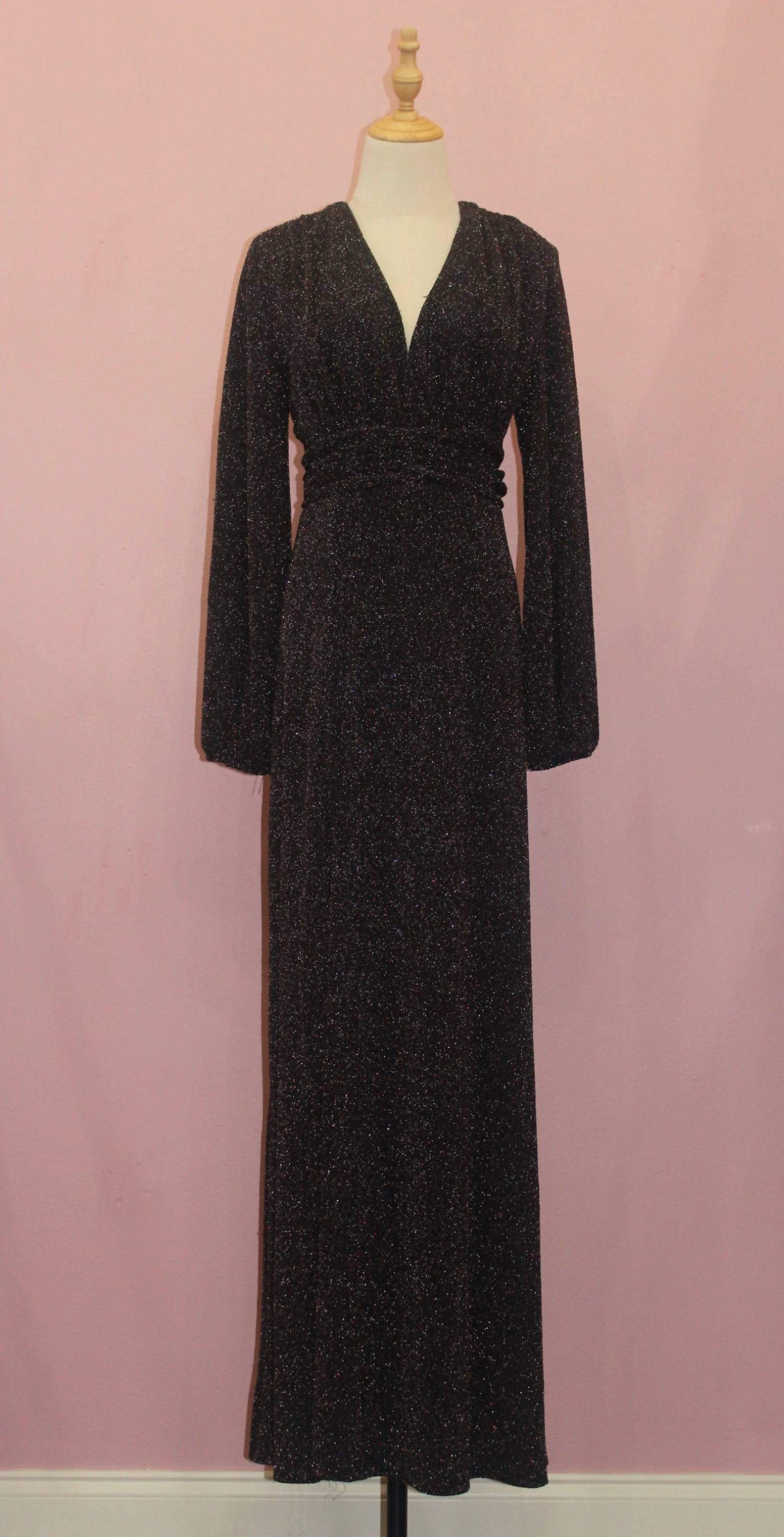 INA Women's Long Puff Sleeve Stretch Shimmer Fabric Maxi Dress in black - women's dress