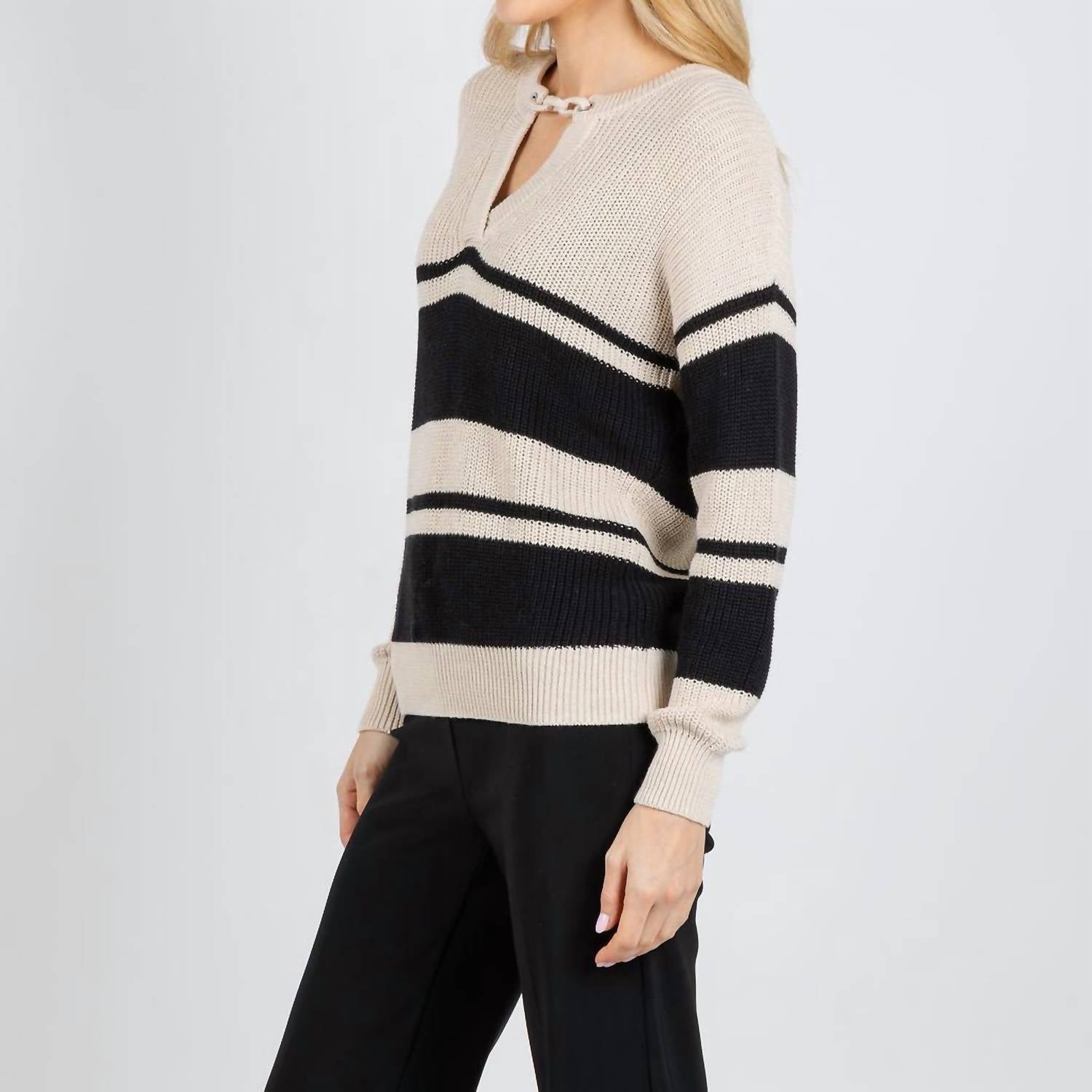 Autumn Cashmere Shaker Stripe Sweater With Crochet Chain Detail in natural black - women's sweater - alternate view