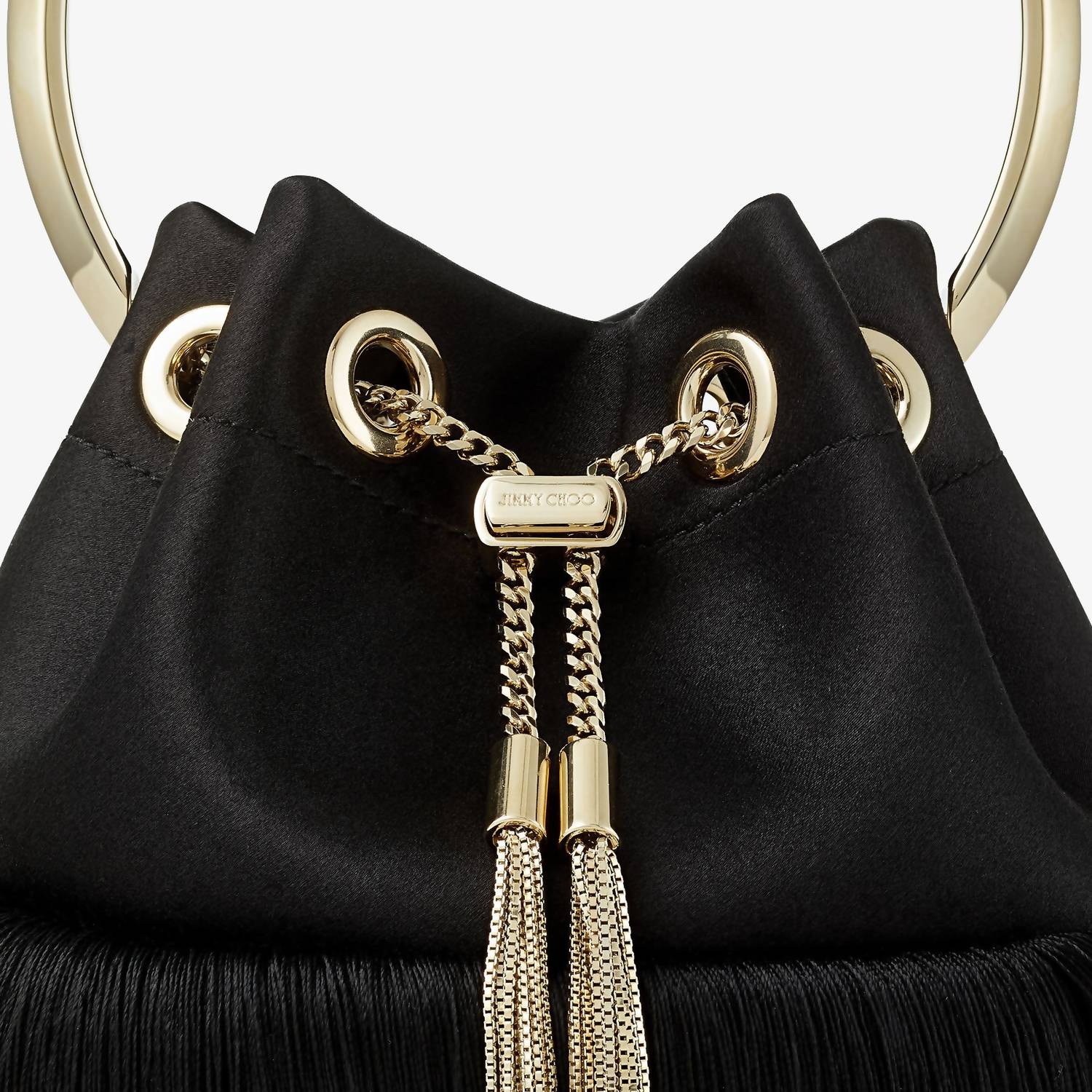 JIMMY CHOO Bon Bon Small Fringed Satin Bucket Bag in black - women's bag - view 7