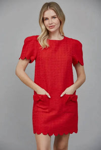 Fate - Scallop Edge Puff Sleeve Tweed Mini Dress