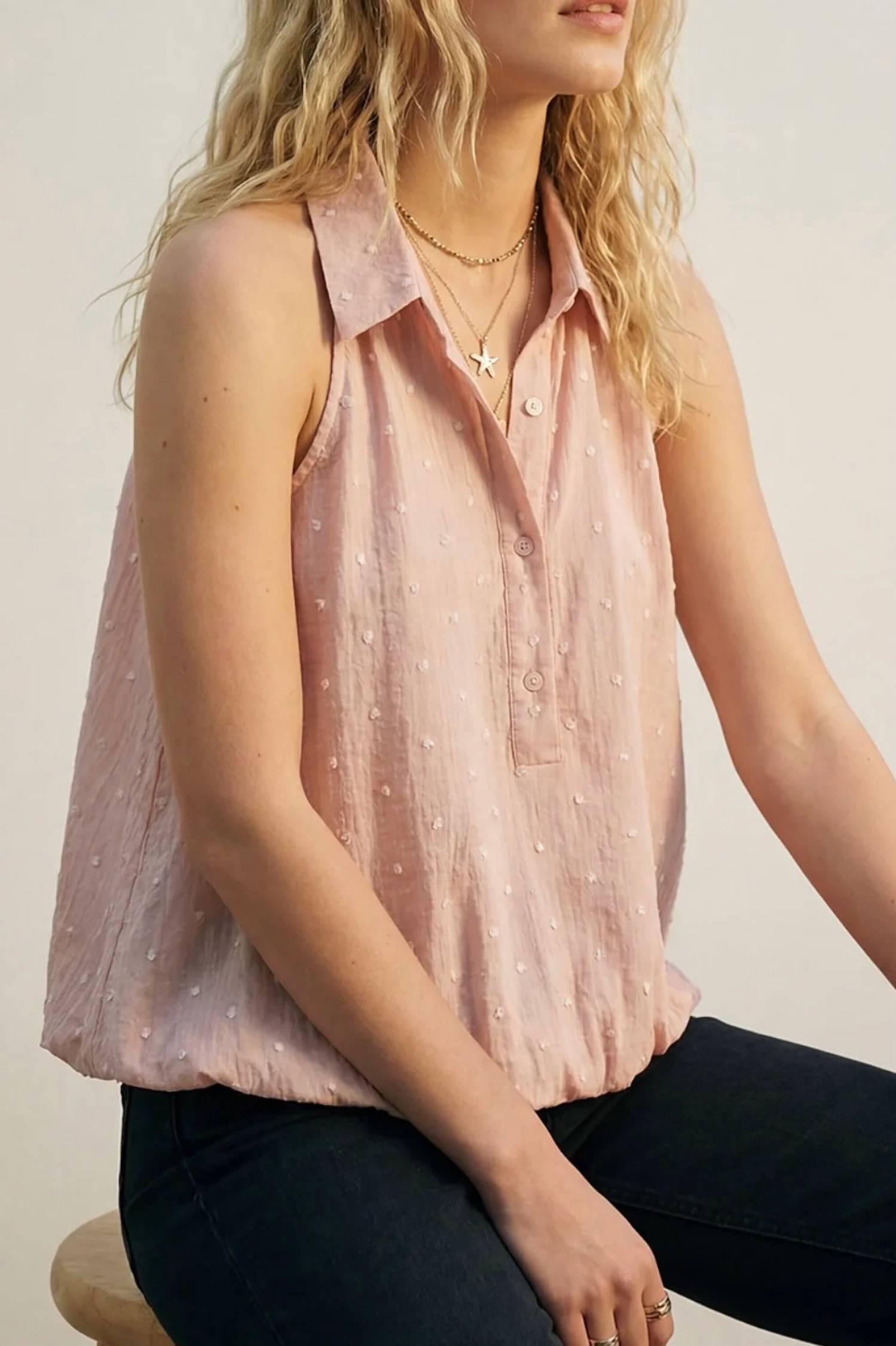 Q2 - Swiss Dot Sheer Sleeveless Blouse