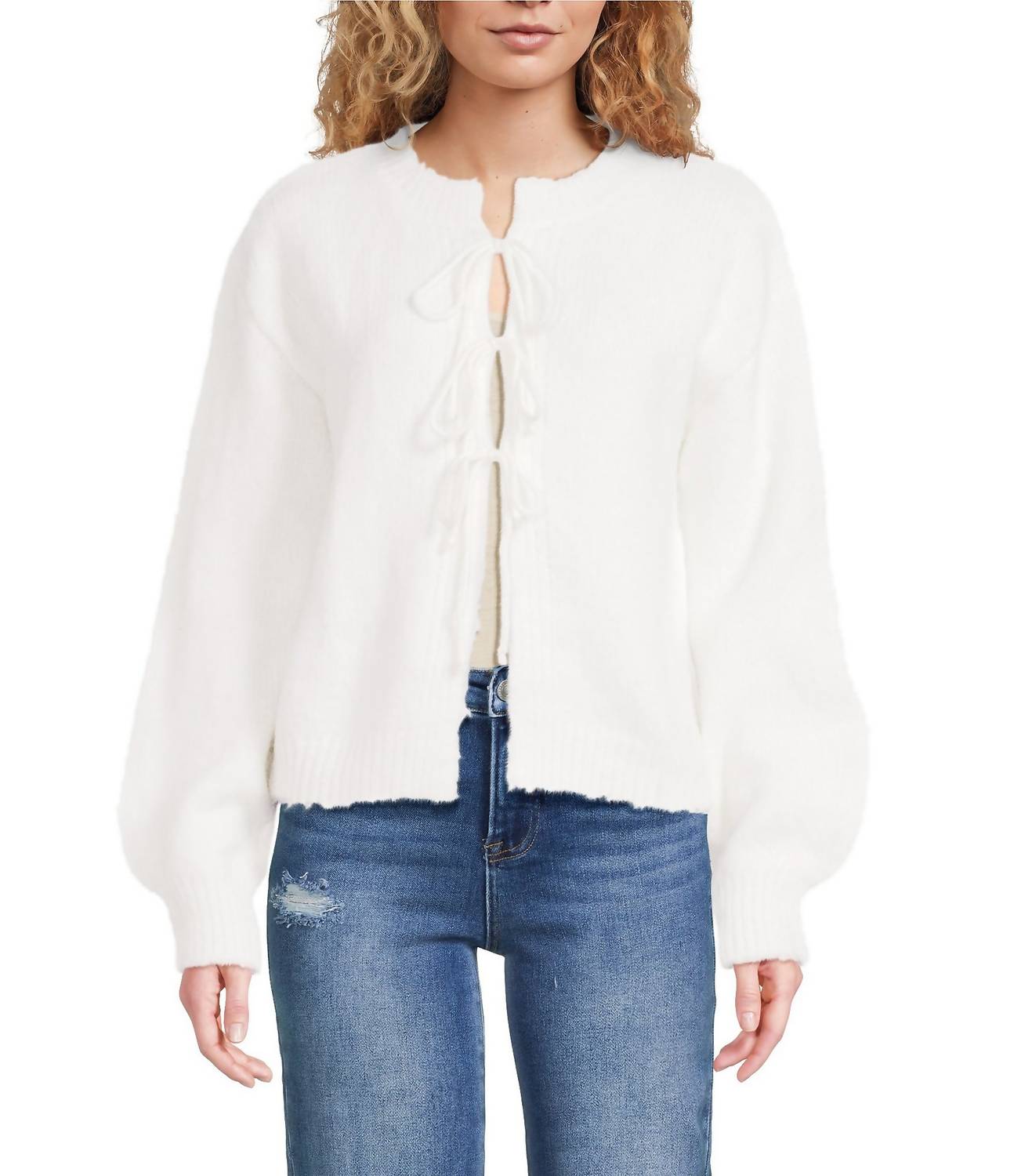 ELAN Crew Neck Long Sleeve Tie Front Cardigan in chattanooga - women's cardigan
