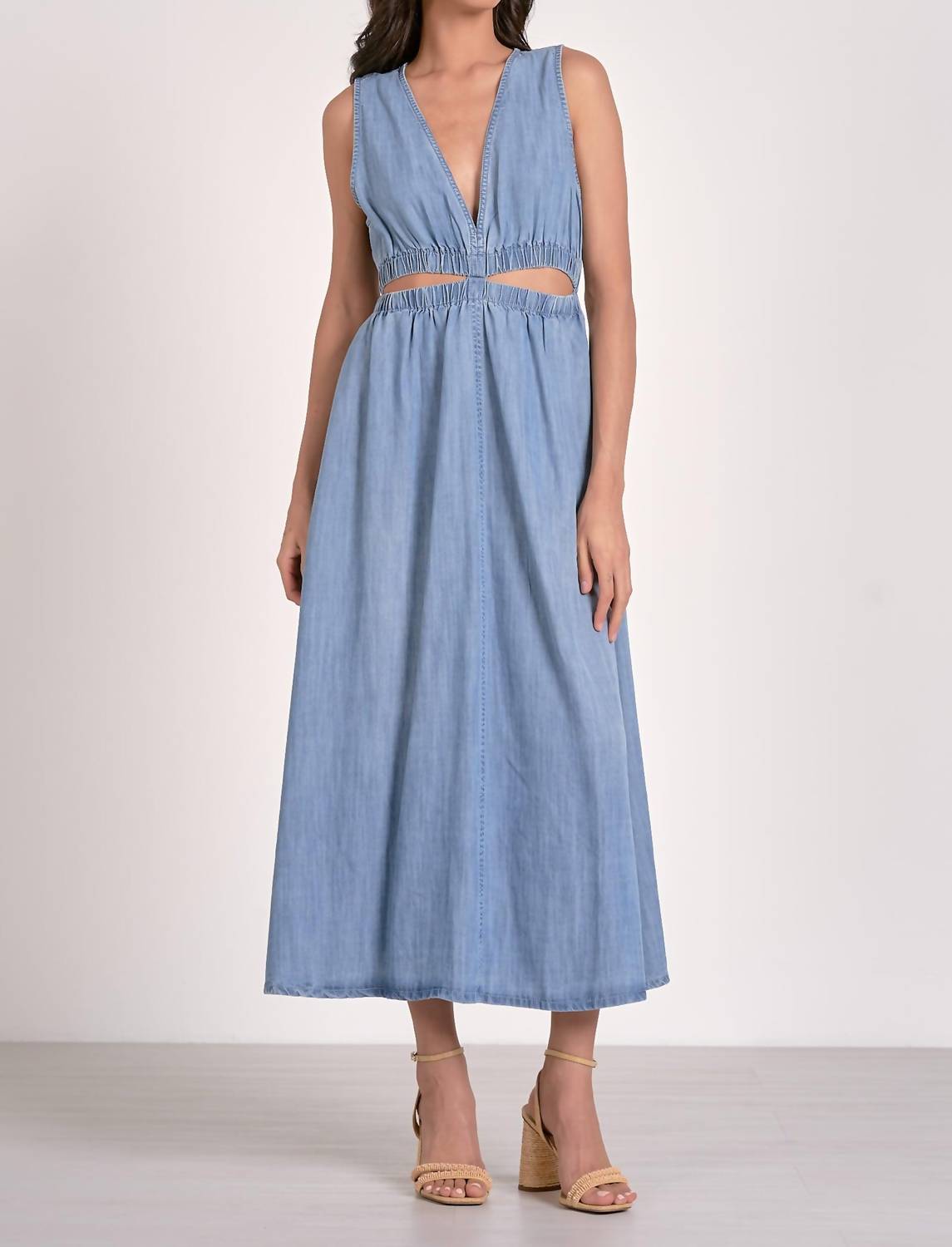 Elan - Midi Sleeveless Cutout Denim Dress