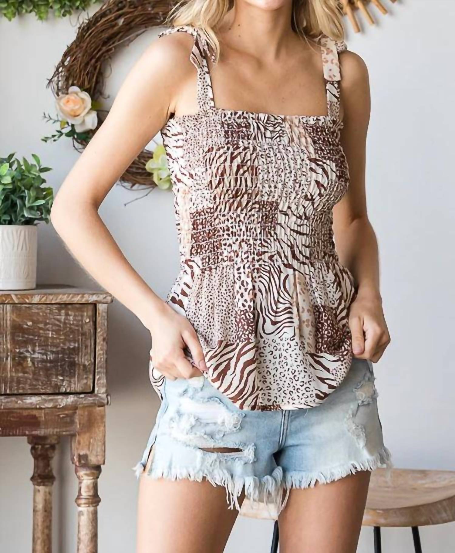 7Th Ray - Smocked Tie-Shoulder Tank Top