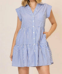 Cozy Co. - Stripe Cap Sleeve Tiered Button Down Mini Dress