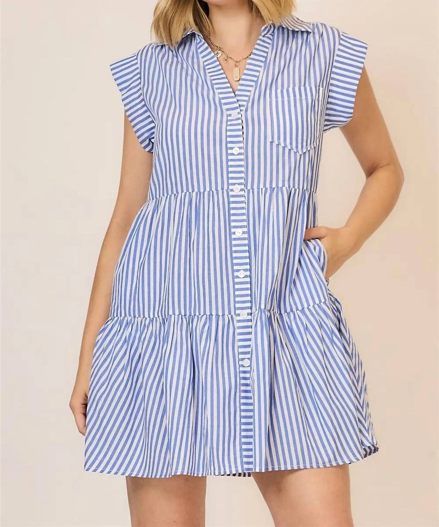 Cozy Co. - Stripe Cap Sleeve Tiered Button Down Mini Dress