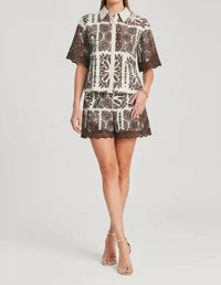 Strut & Bolt - Geometric Leaf Print Embroidered Lace Trim Top