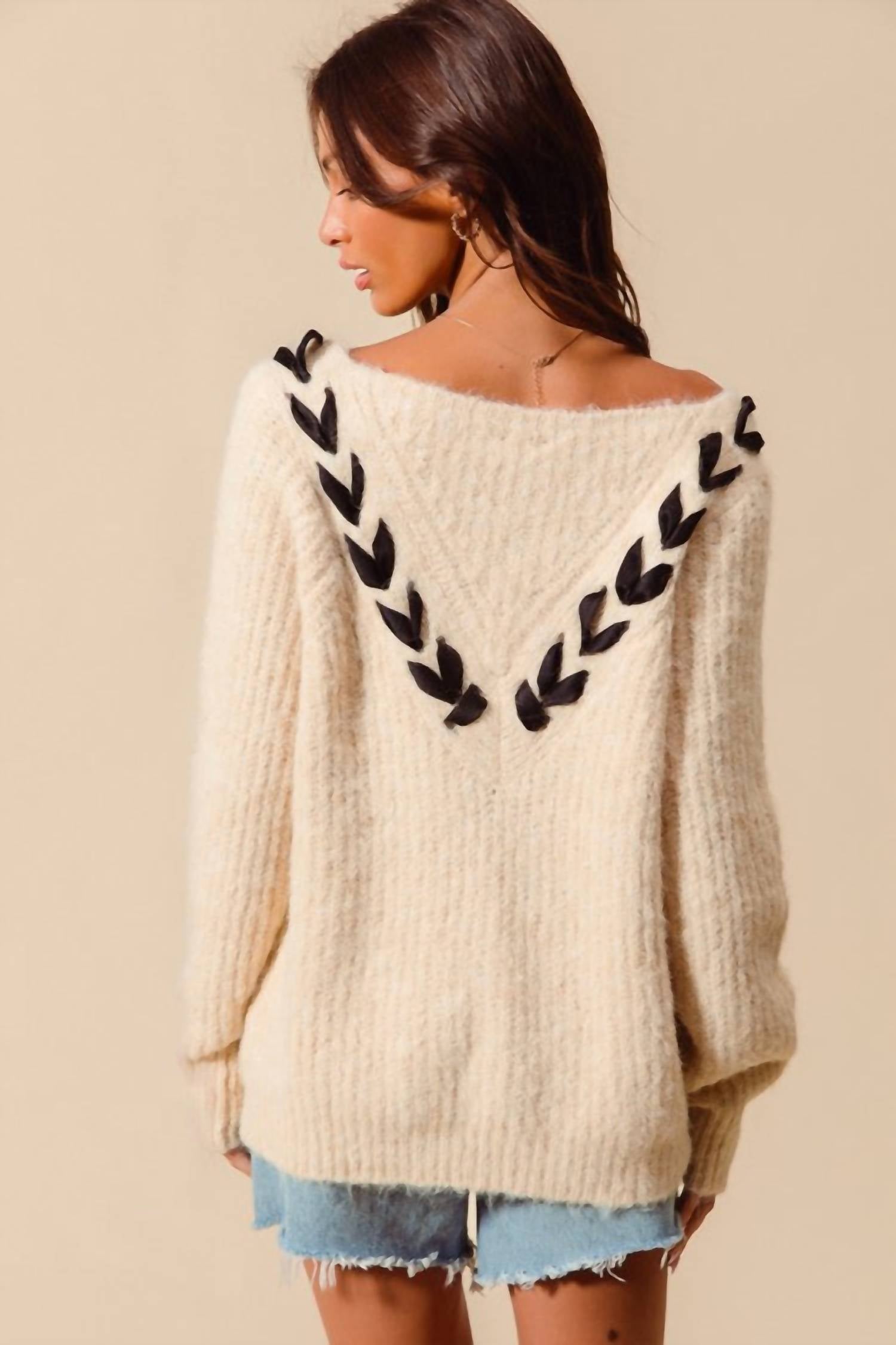 So Me - Braided Ribbon V-neck Sweater Top