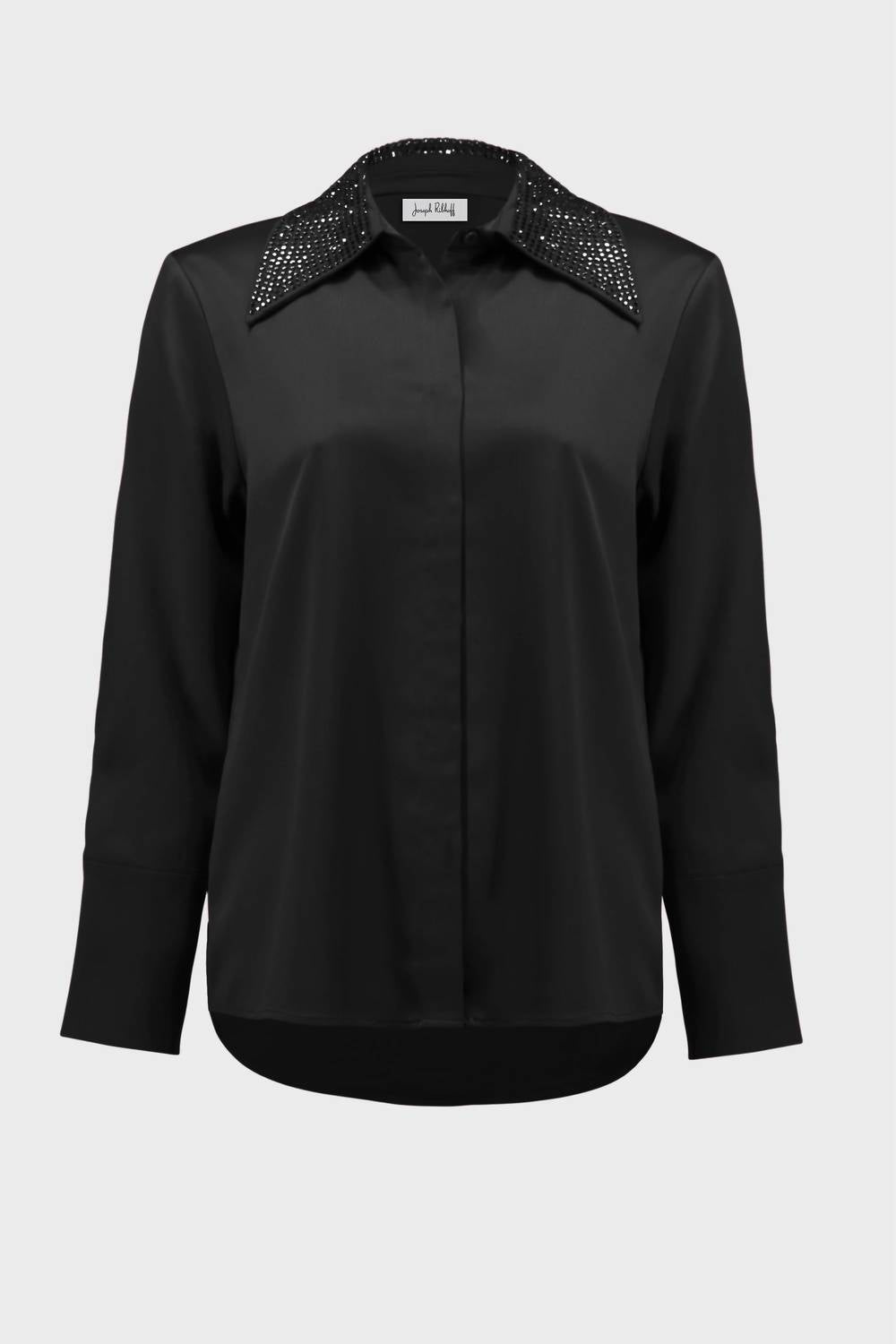Joseph Ribkoff Satin Button-front Blouse With Embellished Collar in black - women's blouse - view 5