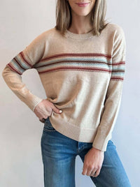 Minnie Rose - Cotton Cashmere Placed Stripe Crew Neck Top