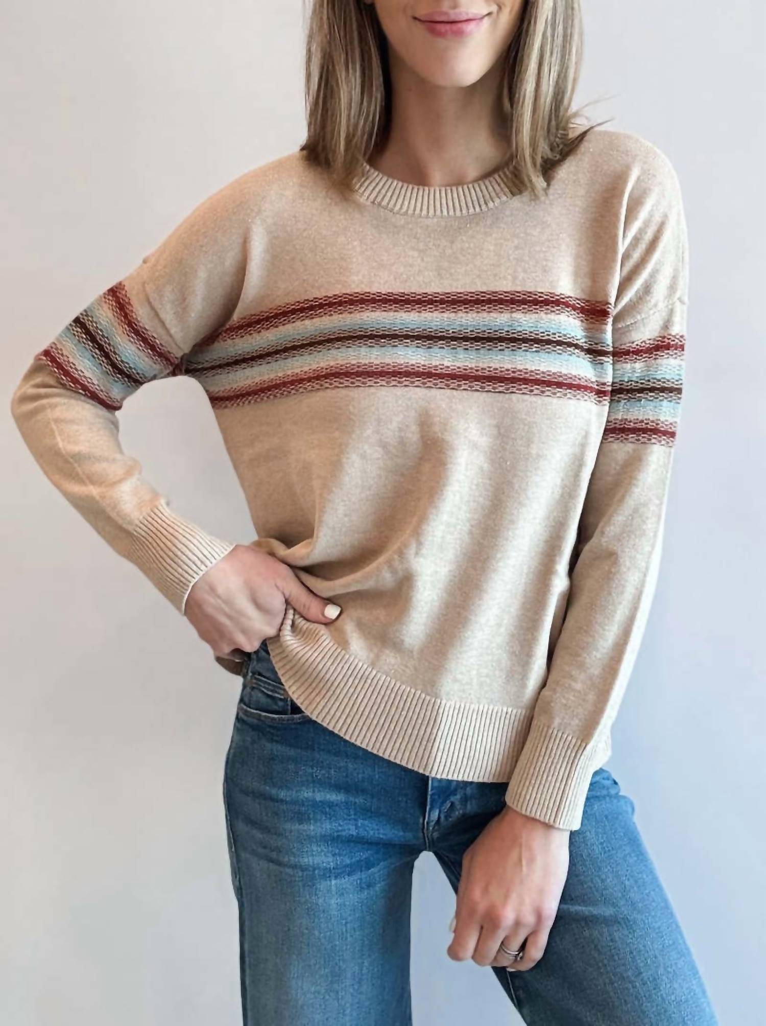 Minnie Rose - Cotton Cashmere Placed Stripe Crew Neck Top