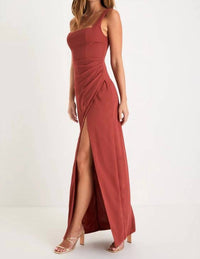 Lulus Glamorous Disposition Ruched Maxi Dress in rust - women's dress - detail view