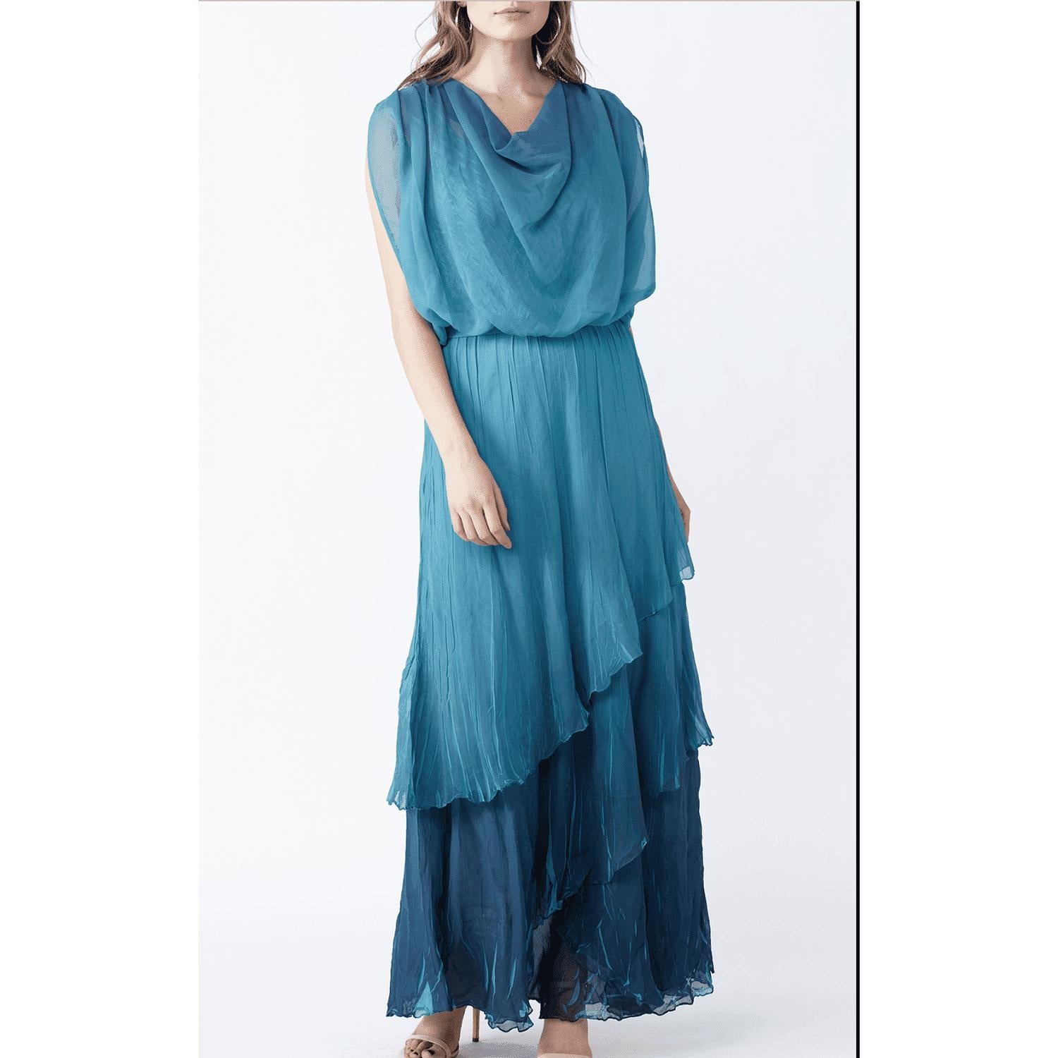 Komarov - Komarov Ombre Cowl Neck Tiered Chiffon Ruffle Dress - Violet Blue