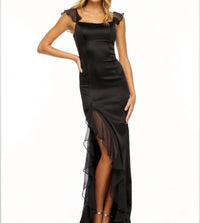 Sherri Hill Fitted Ruffle Satin Gown With High Slit in black - women's dress