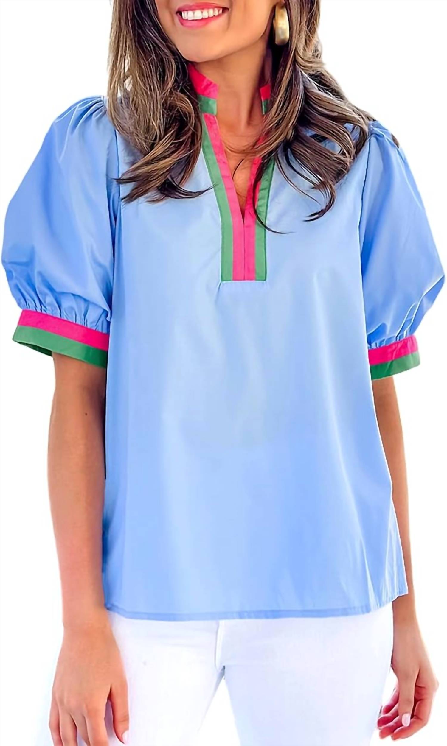 Style Usa - Puff Sleeve Stripe Trim Top