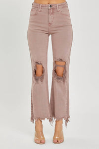 RISEN High Rise Knee Distressed Straight Pants in mauve - women's jeans
