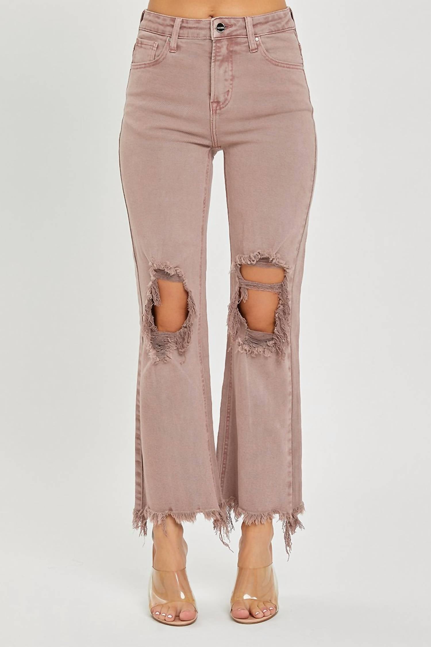 RISEN High Rise Knee Distressed Straight Pants in mauve - women's jeans