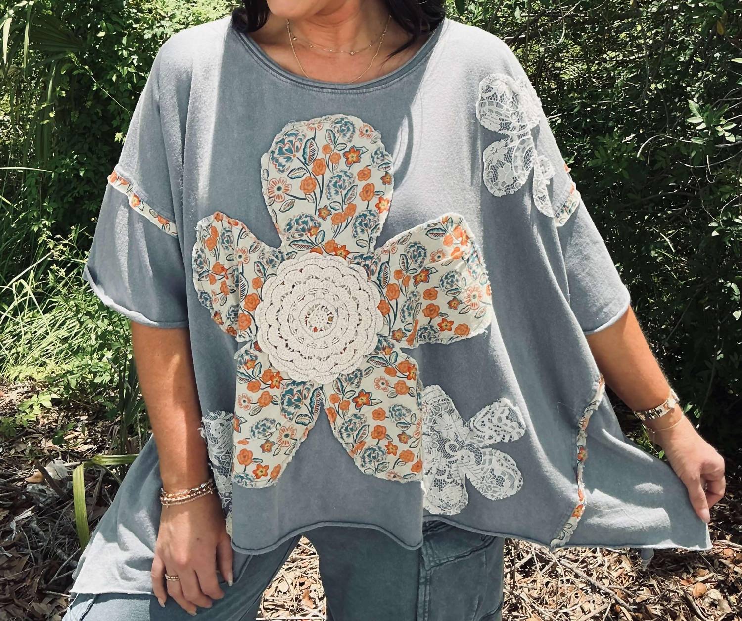 Blue Velvet - Lace Flower Patchwork Oversized Top