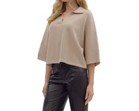 entro Solid 3/4 Sleeve V Neck Collar Knit Top in stone - women's sweater - detail view