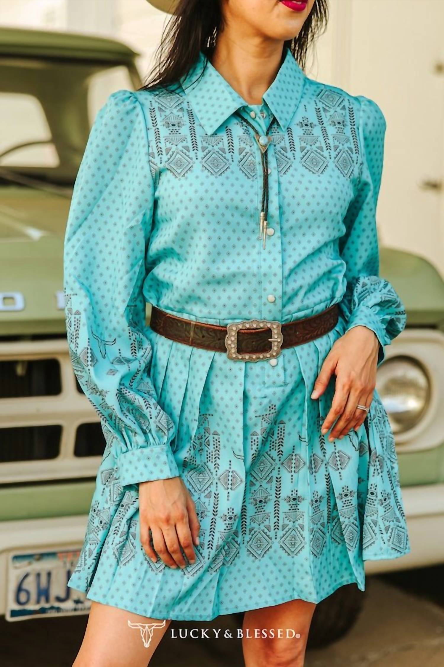 Lucky & Blessed - Jade Aztec Pearl Snap Long-sleeve Pleated Western Mini Dress