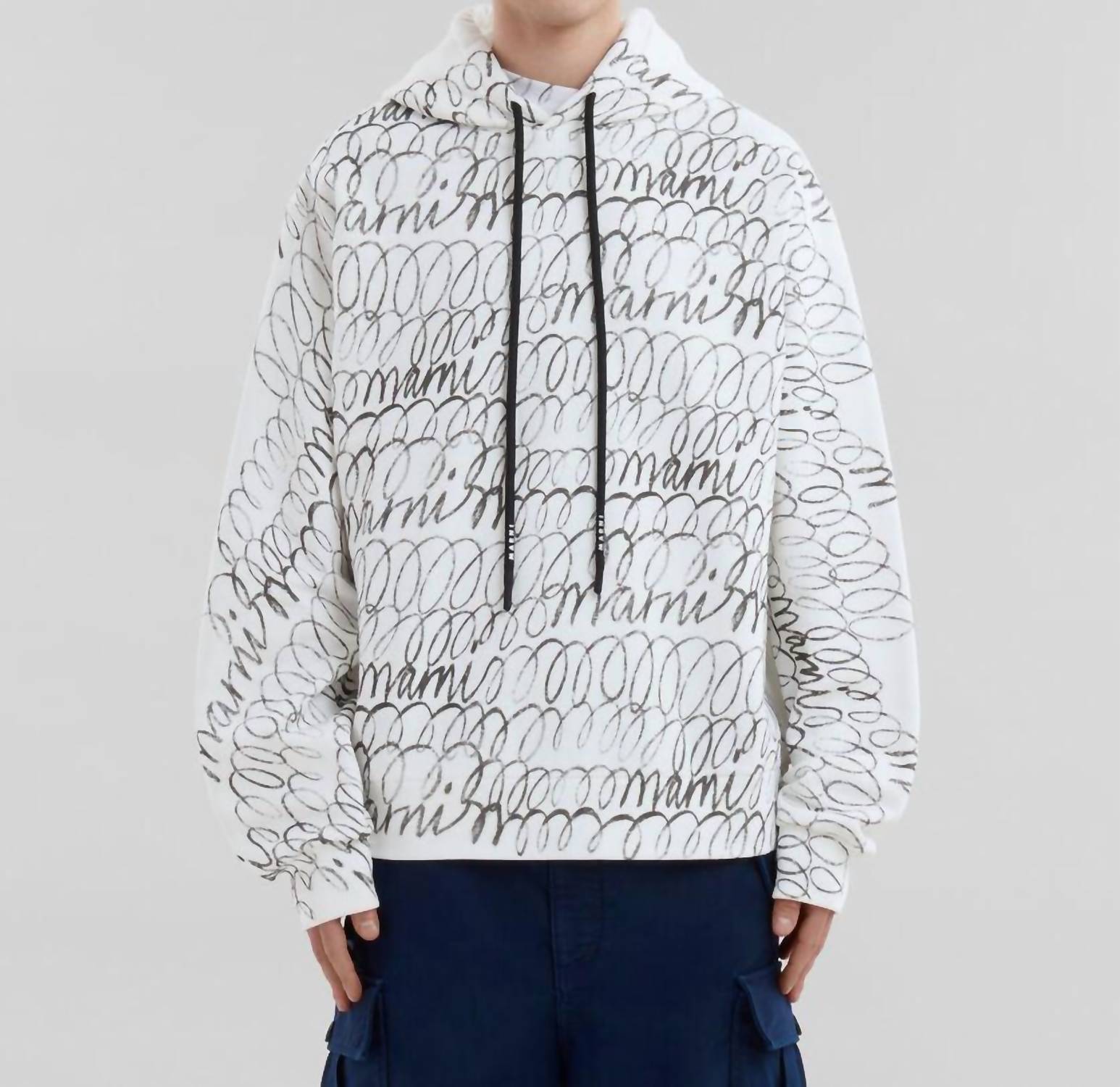 MARNI Scribbled Organic Cotton Motif Hoodie in natural white - men's shirt