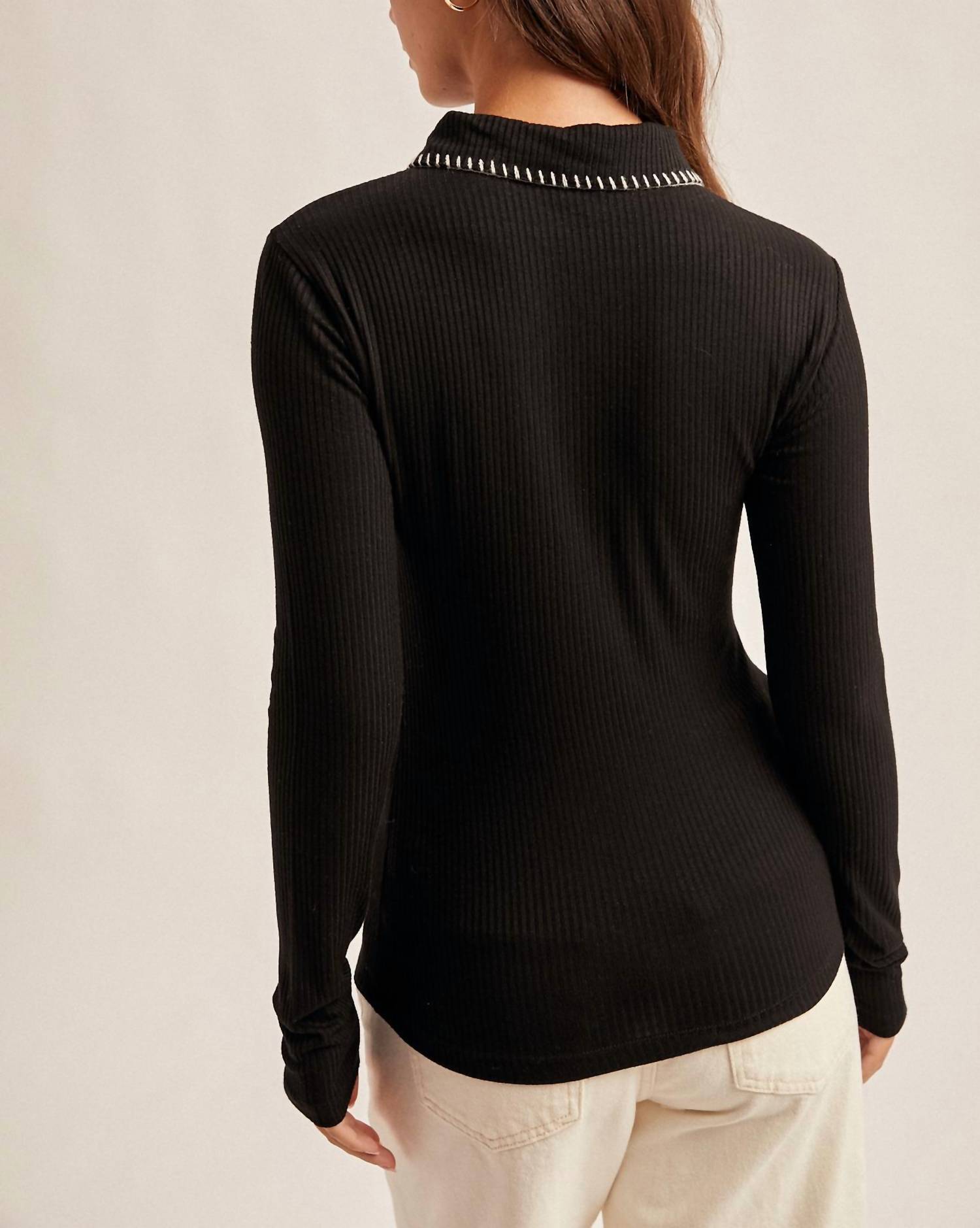 Hem & Thread Contrast Stitch Collared Henley Top in black - women's long sleeve top - detail view