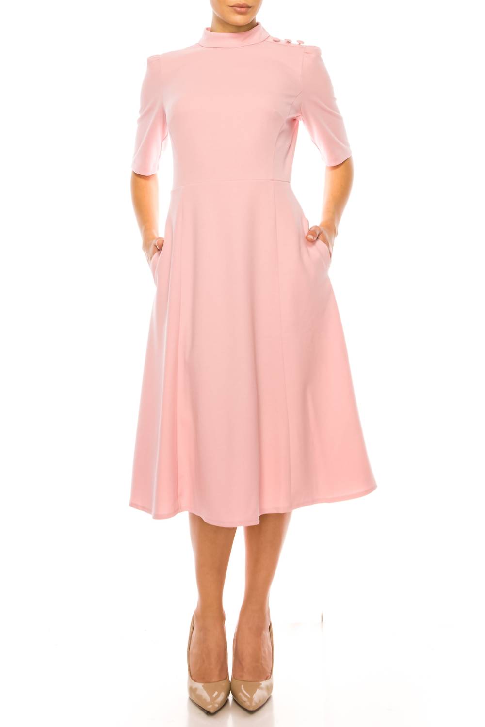 Ivy & Blu - 3/4 Sleeve Mock Neck Fit And Flare Dress