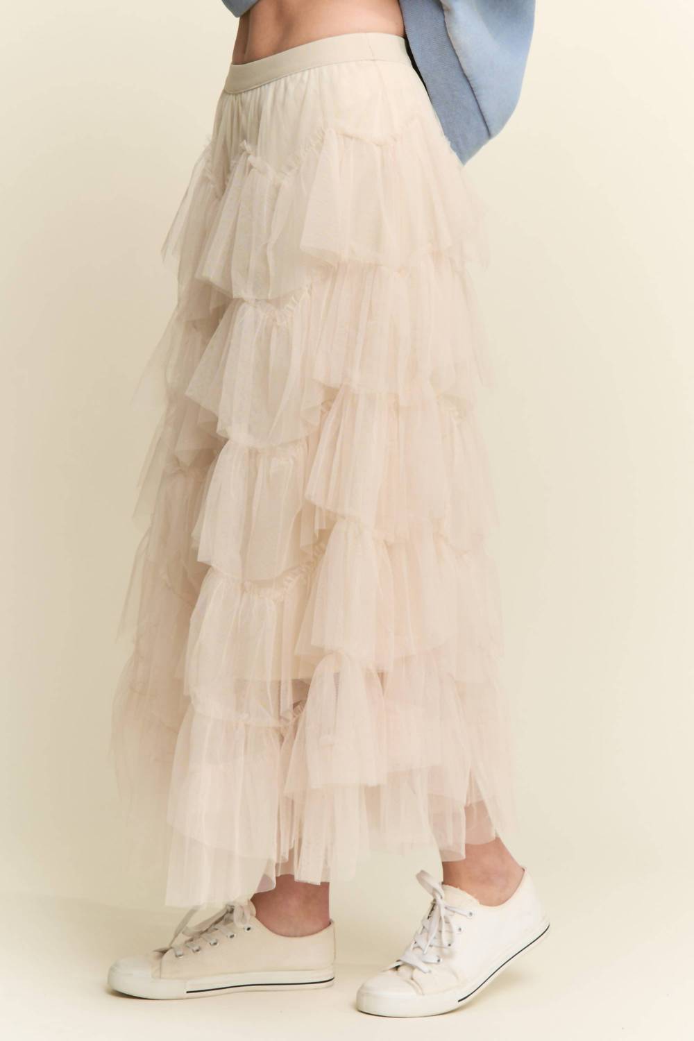 J.Nna - Tiered Ruffle Mesh Lined Maxi Skirt