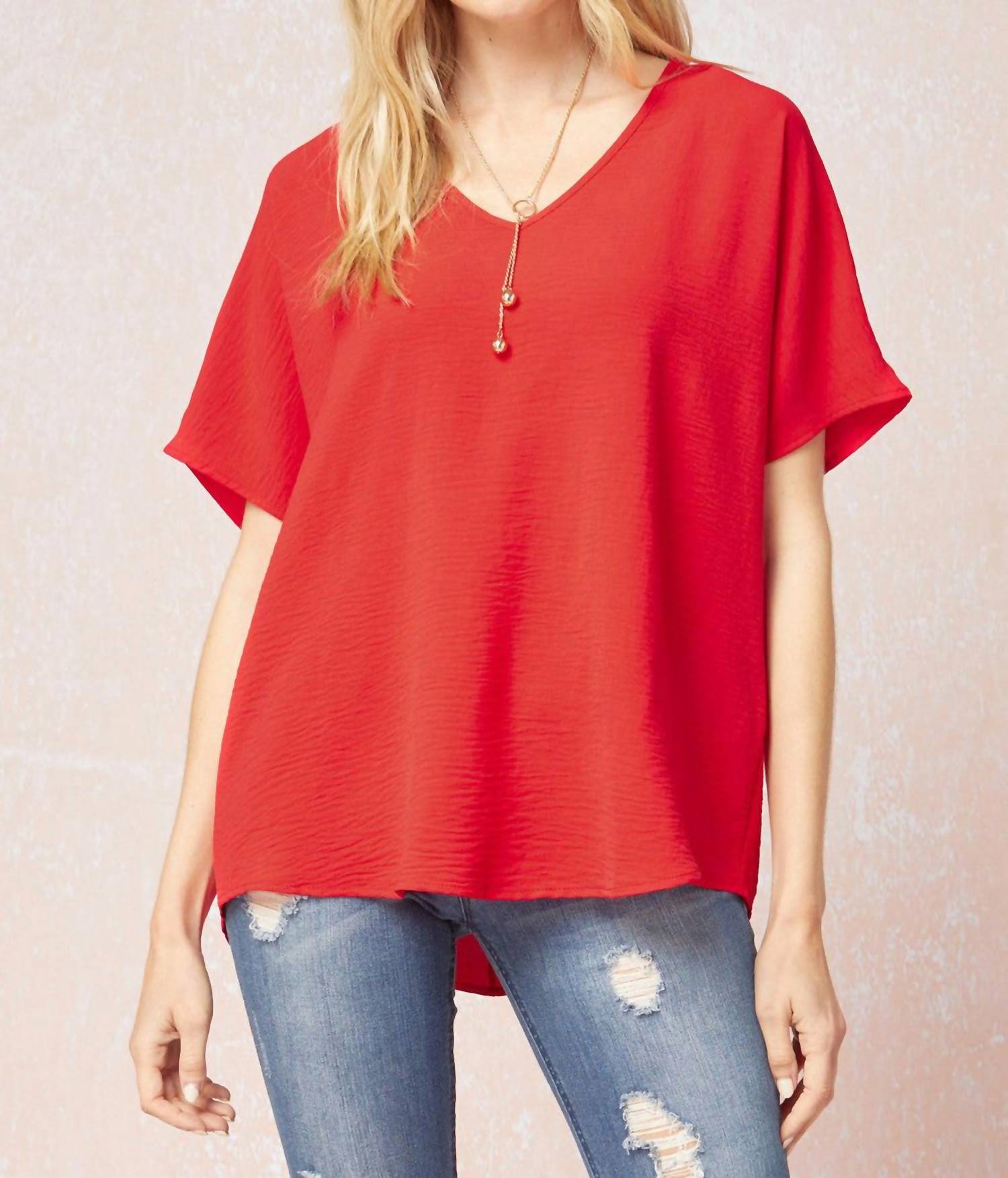 entro Solid V-neck Top in red - women's t-shirt