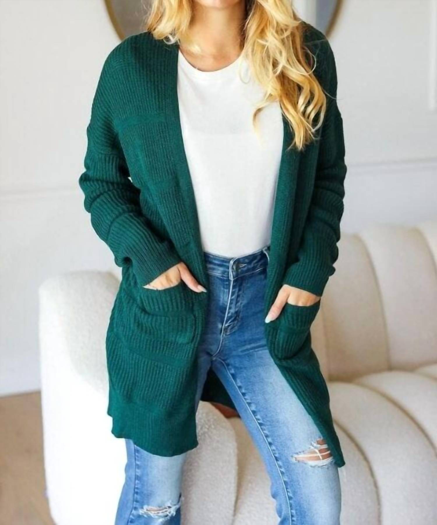 Haptics Stripe Textured Open Cardigan With Pockets in green - women's cardigan