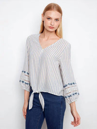 Charlie B - Yarn Dye Stripe V-Neck Tie Front Blouse With Embroidery