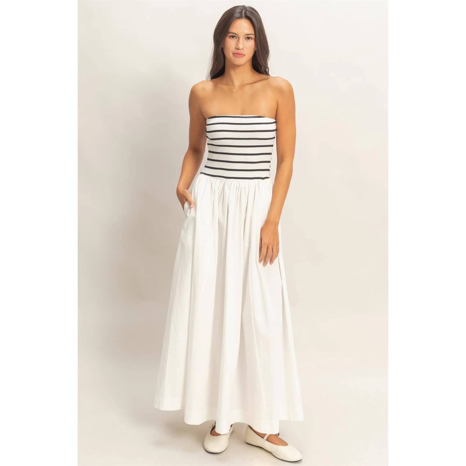 Hyfve - Striped Strapless Flowy Midi Dress