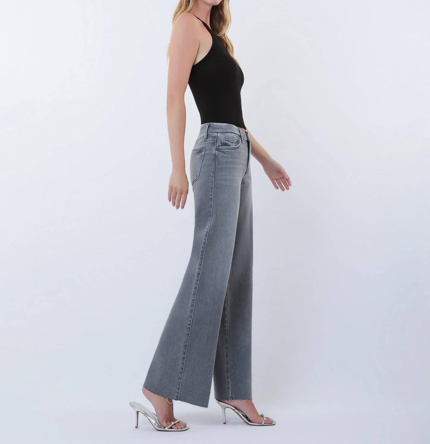 Flying Monkey - Mid Rise Clean Cut Raw Hem Wide Leg Jeans