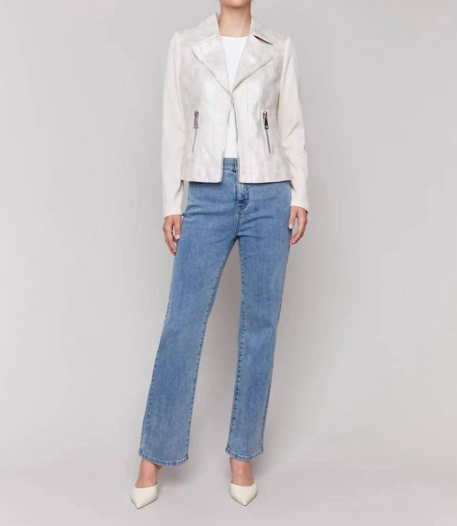 CHARLIE B Women's Foiled Vintage Fux Leather And Rib Knit Jacket in champagne - women's jacket - alternate view
