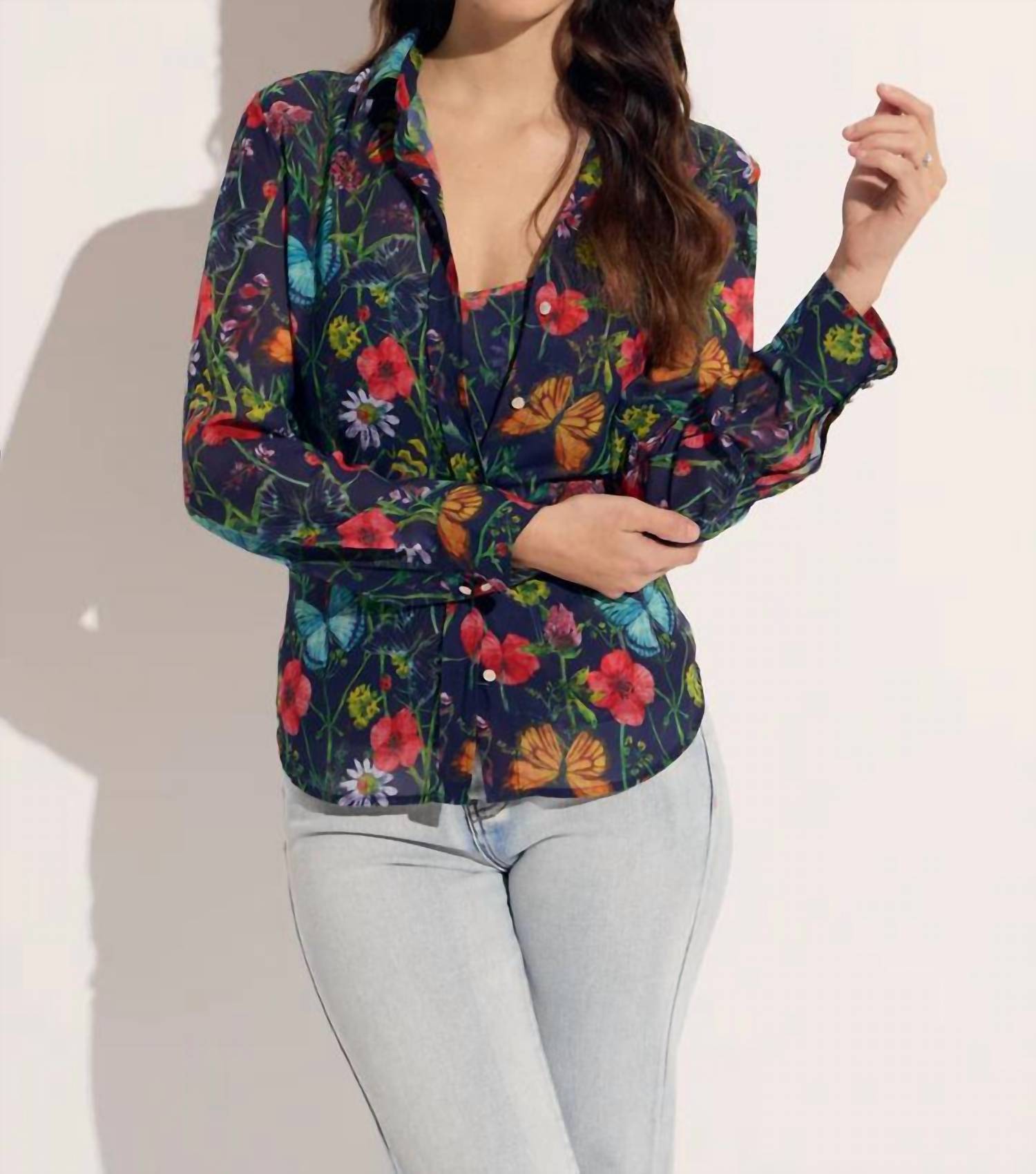 Oolala - Two Piece Floral Butterfly With Tank Blouse