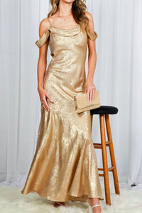 Vine & Love - Off The Shoulder Strap Metallic Maxi Dress