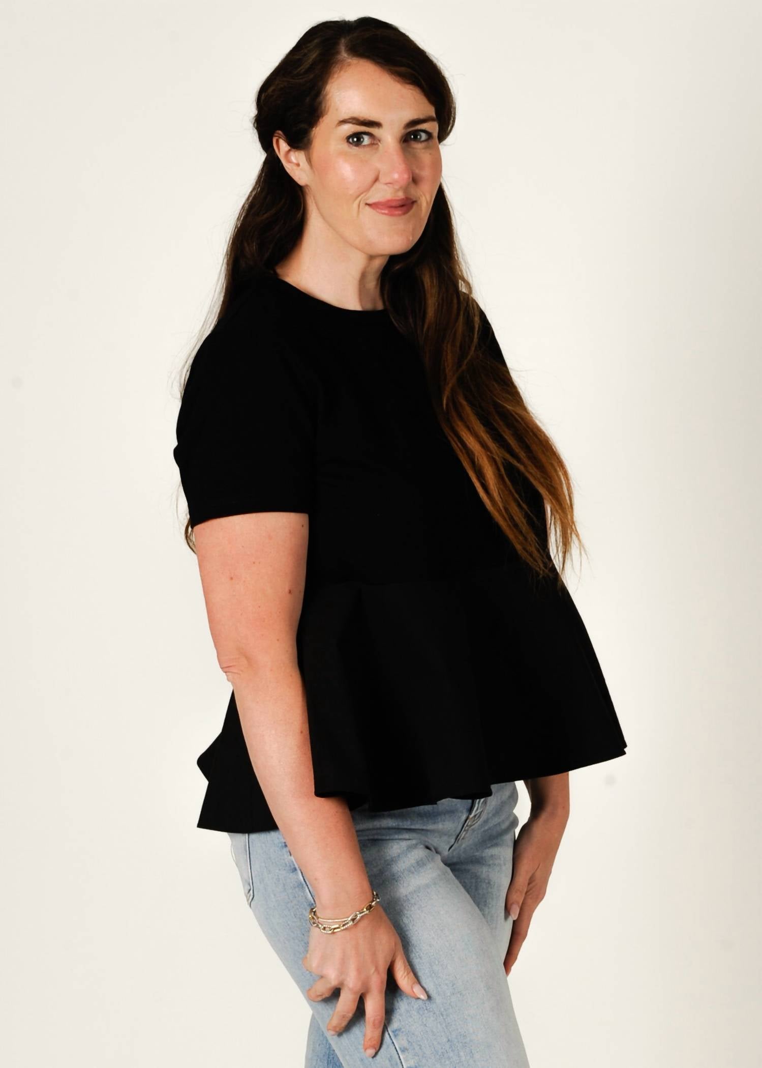 PINCH Modern Contrast Peplum Blouse in black - women's blouse - alternate view