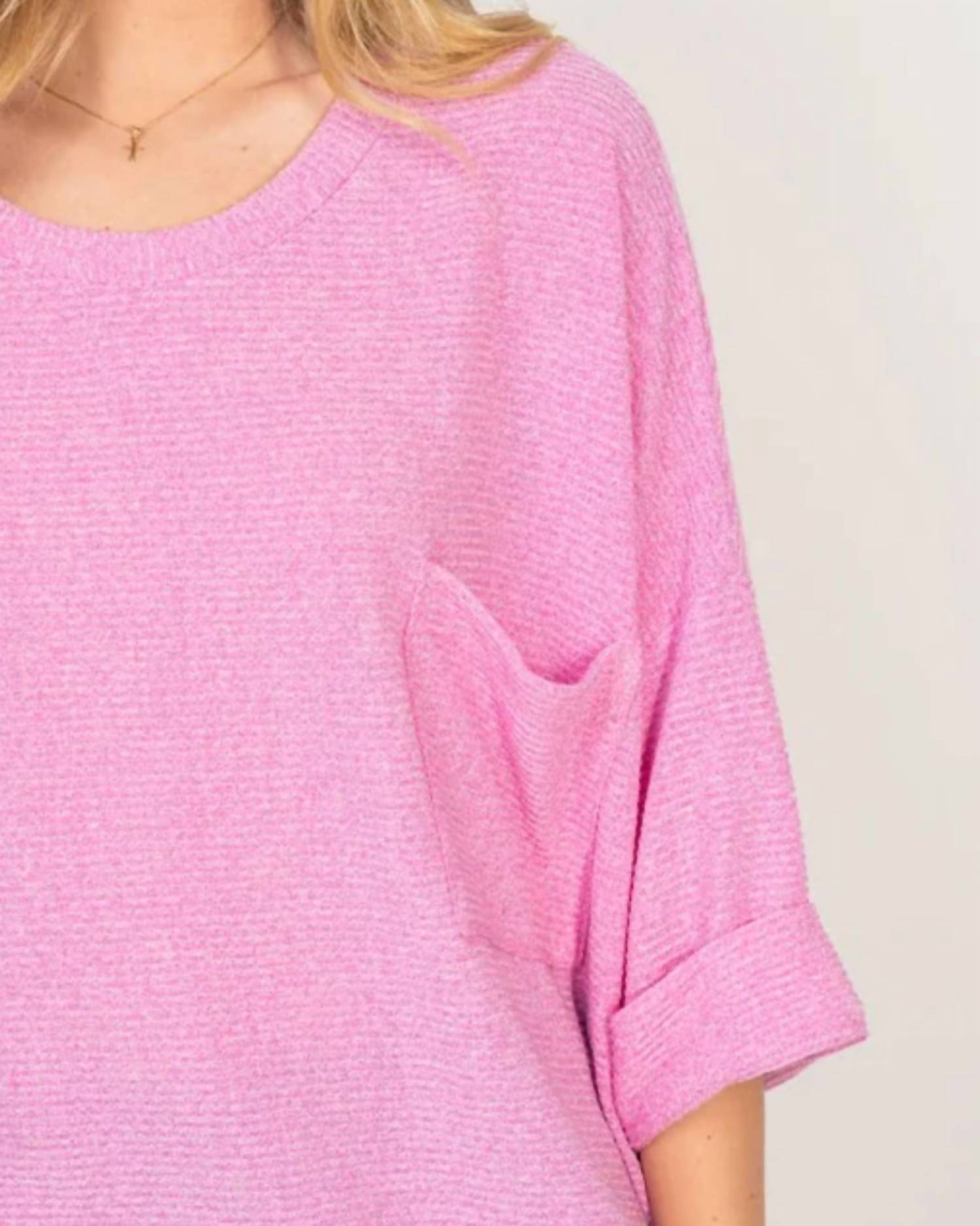 White Birch - Oversized Ribbed Knit Top With Pocket