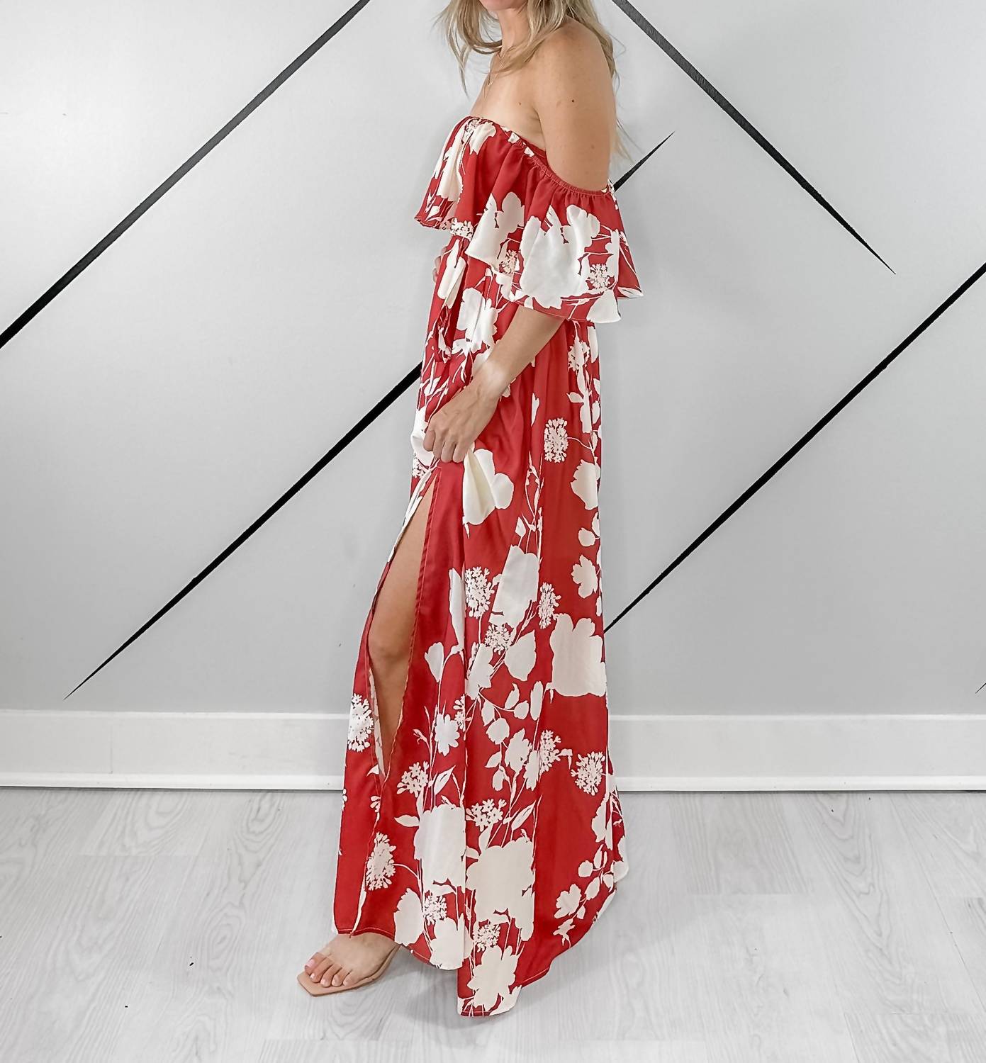 Soieblu - Off-shoulder Side Slit Maxi Dress
