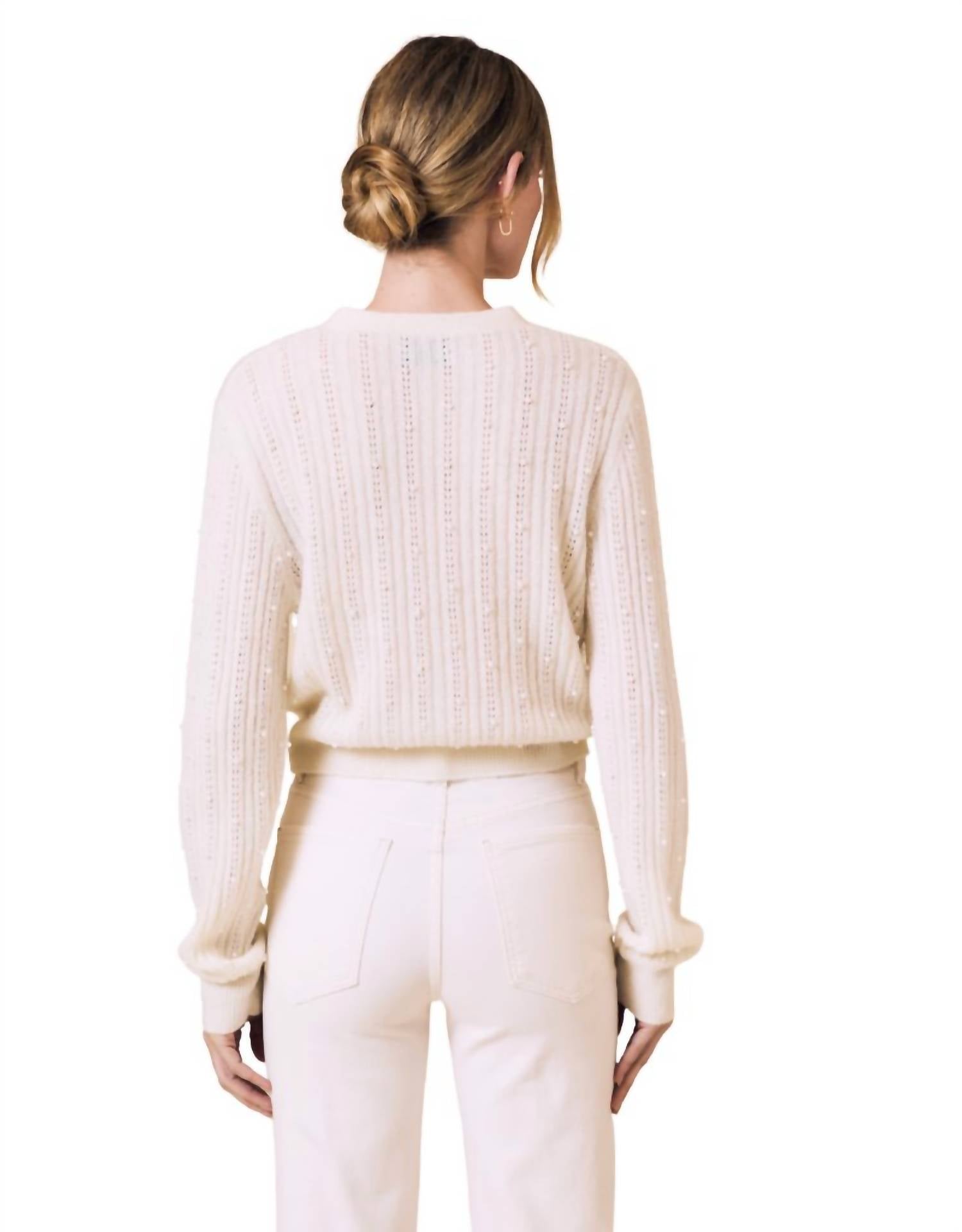 Le Jean Pearl Embellished Cardigan in ivory - women's cardigan - alternate view