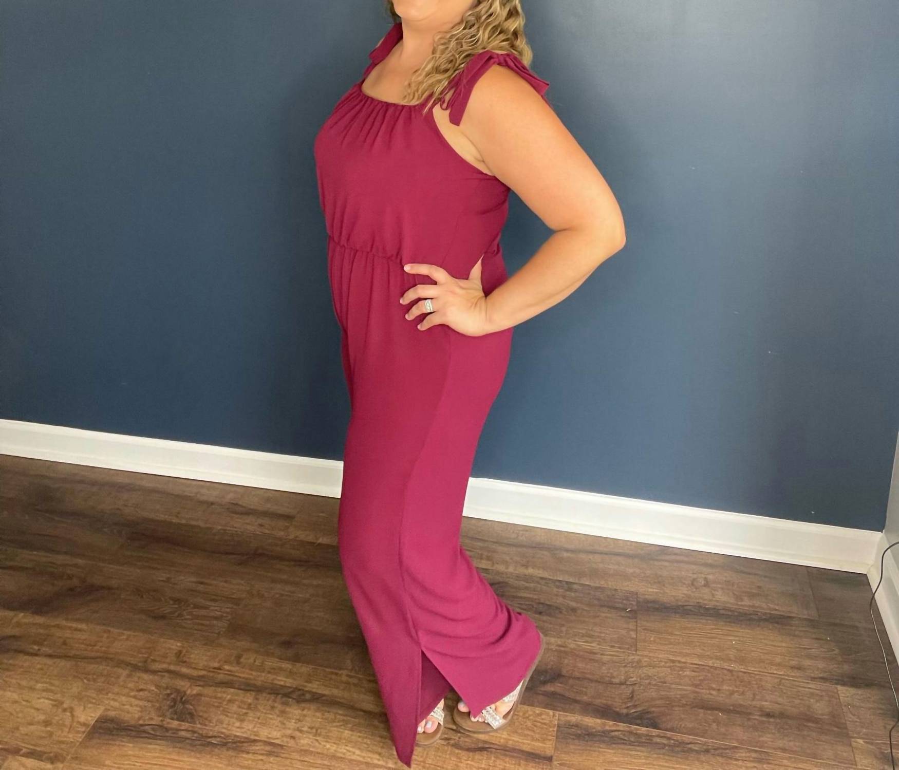 Tyche Tie Shoulder Jumpsuit in wine - women's pants - detail view