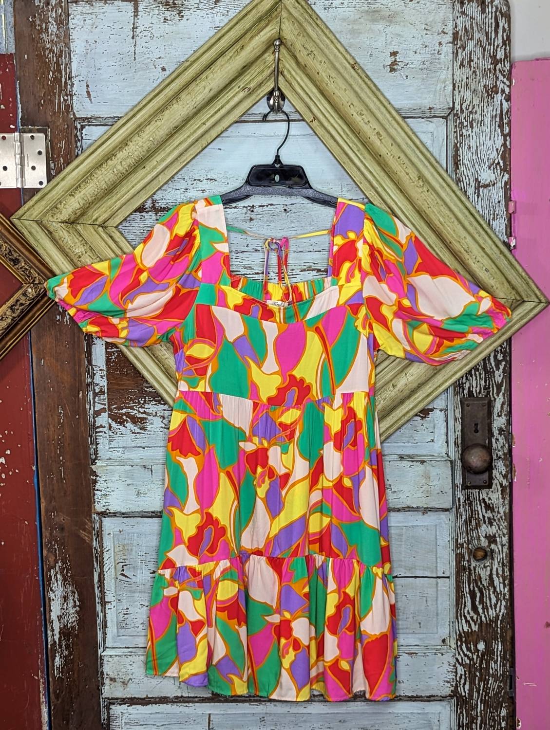 Easel - Geo Print Rayon Challis Ruffle Bottom Dress