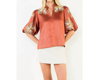Thml - Shiny High Neck Floral Embroidery Top