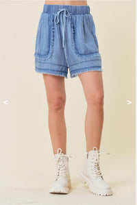 Doe and Rae Denim Fray Detail Shorts in light wash - women's shorts - alternate view