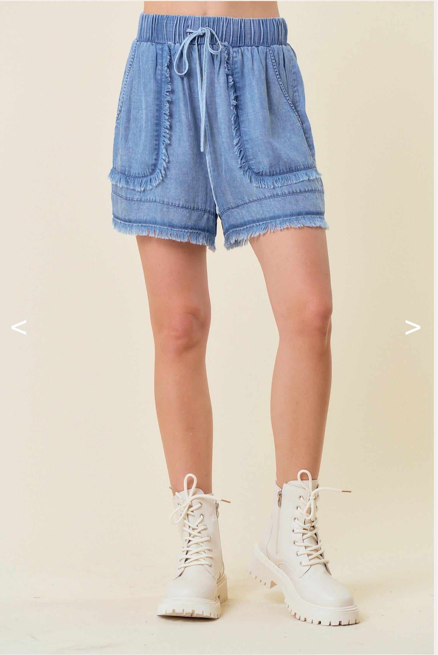 Doe and Rae Denim Fray Detail Shorts in light wash - women's shorts - alternate view
