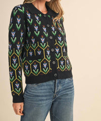 &Merci - Floral Knit Collared Sweater Cardigan