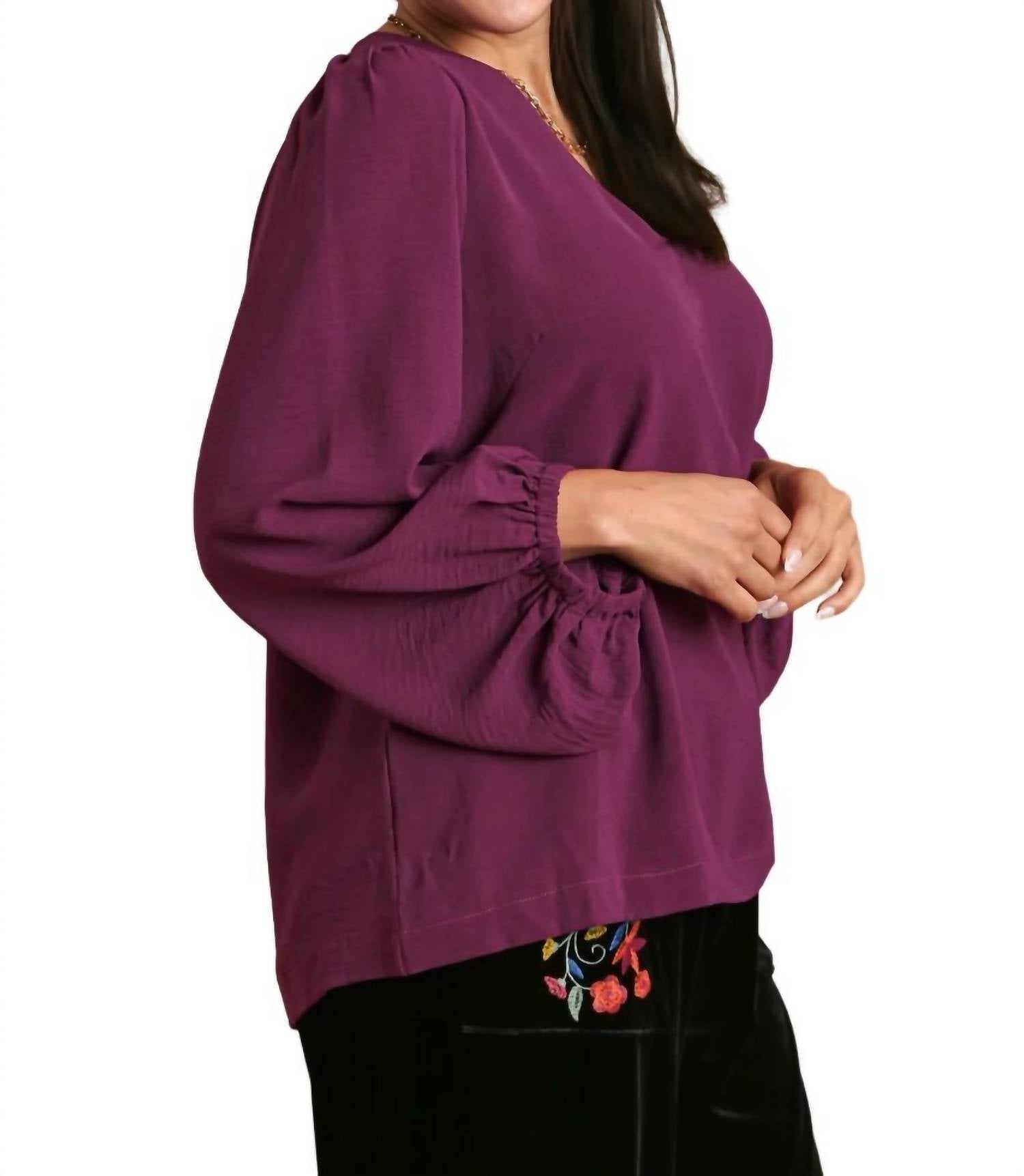 Umgee - V-Neck Long Sleeve Tunic Blouse - PLUS