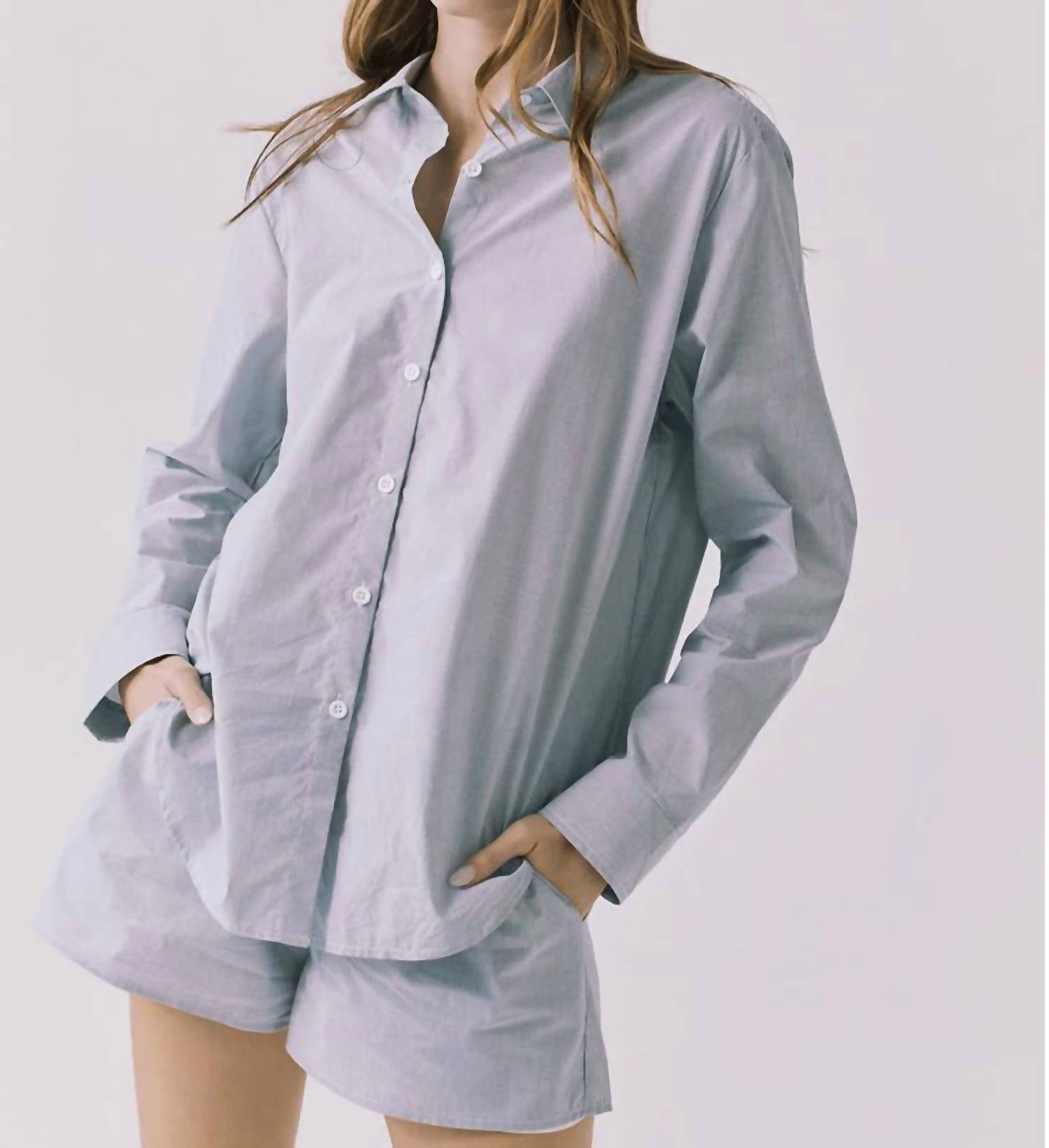 Chaser Paso Pinstriped Button Up Top in blue - women's shirt - detail view