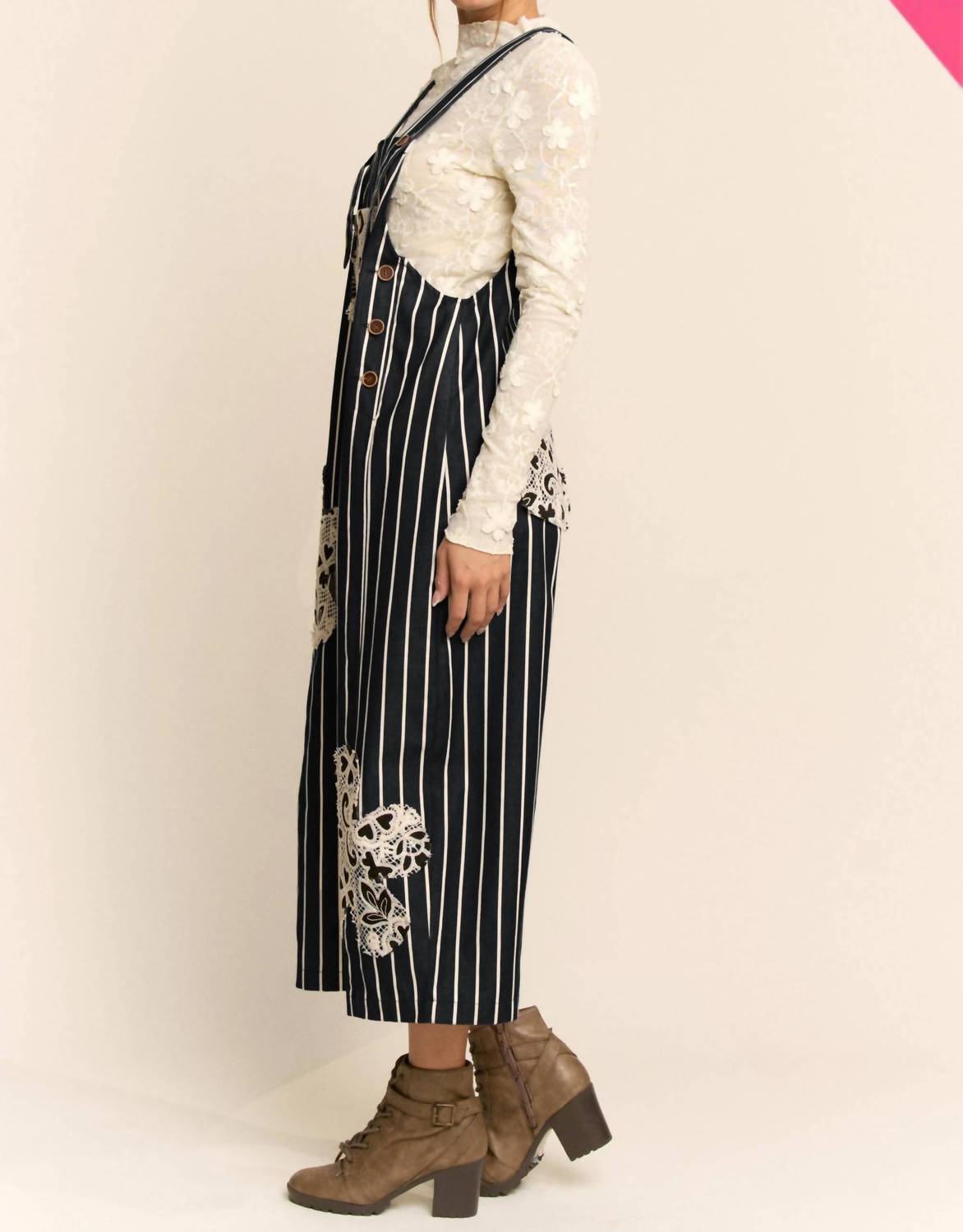 Davi & Dani - Stripe Crochet Pocket Loose Fit Overall - Plus
